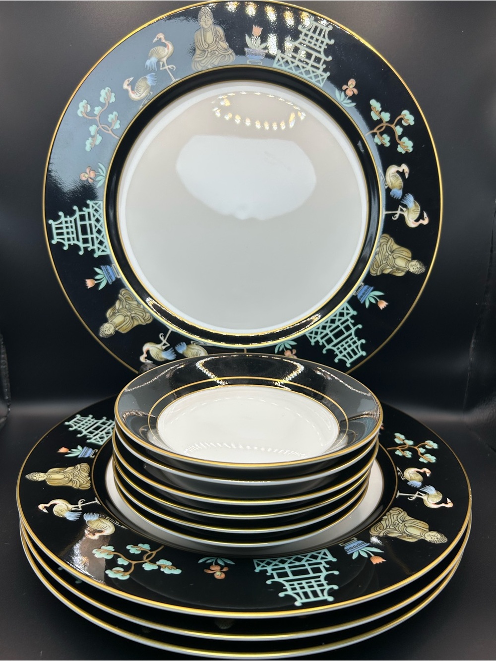 Lot of 10 pcs FITZ & FLOYD FF Vtg Porcelain Dinner Saucer Plates  - CHINOISERIE
